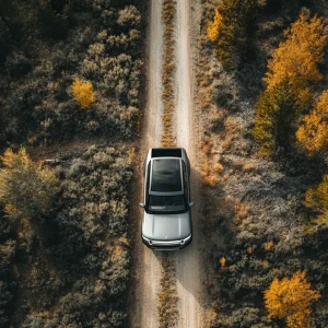 Rivian Pickup truck on a lane taken by a drone