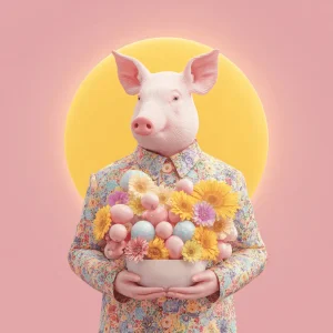 A pig carrying an Easter Basket with coloured eggs